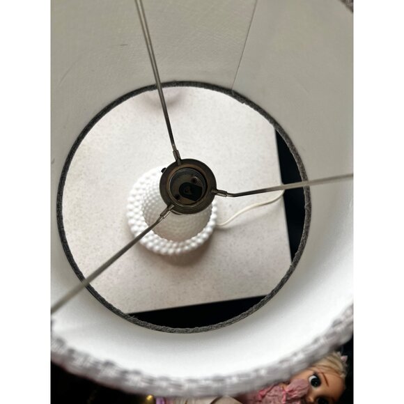 Hobnail Milk Glass & Wood Table Lamp With Textured Fabric Shade VTG Midcentury - Picture 3 of 12